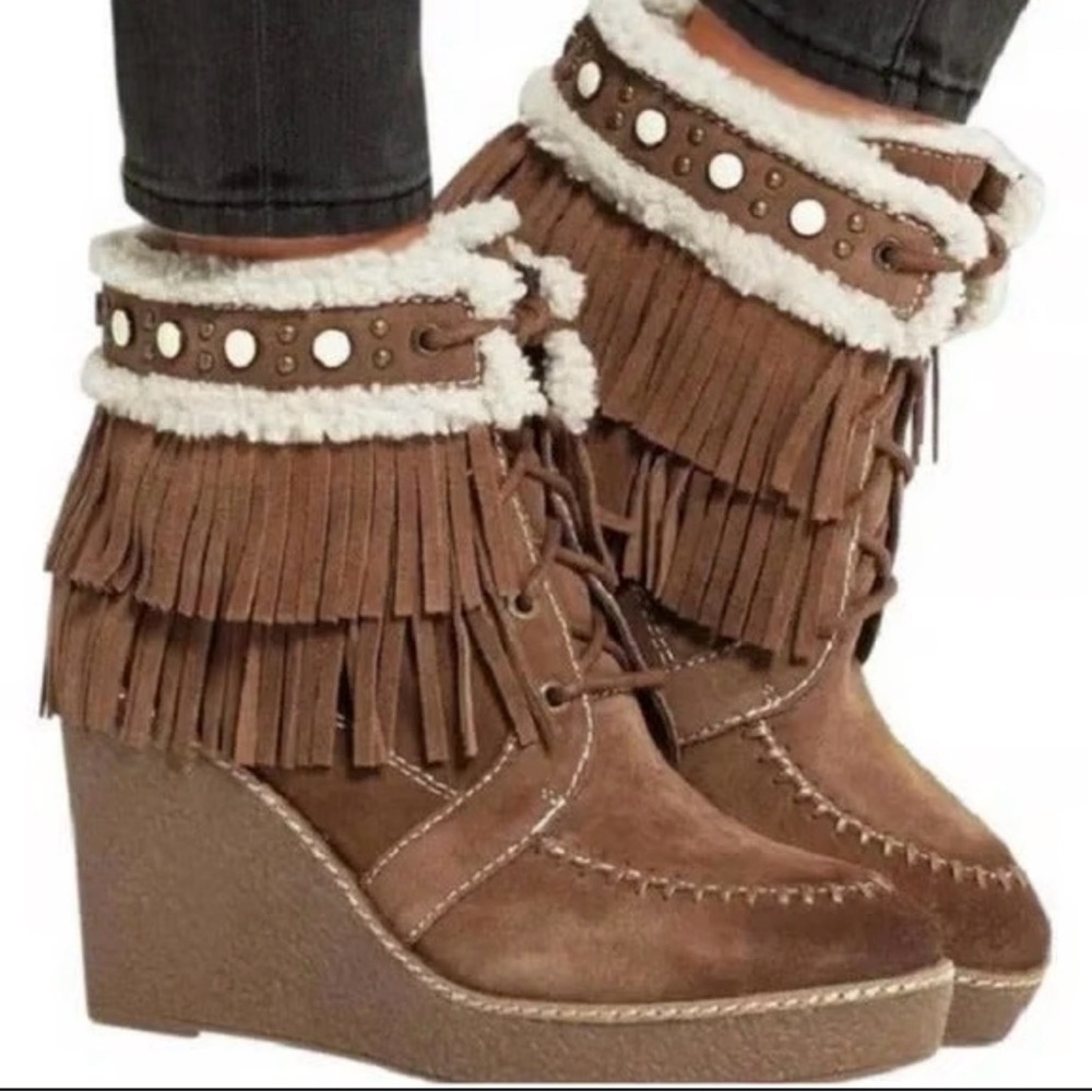 Sam Edelman Brown Fringe Wedge Ankle Boots with Shearling Trim